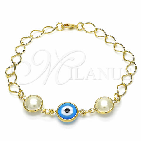 Oro Laminado Fancy Bracelet, Gold Filled Style Evil Eye Design, with White Pearl, Blue Polished, Golden Finish, 03.09.0068.1.07 (7 Inches Length)