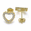 Oro Laminado Stud Earring, Gold Filled Style Heart Design, with White Cubic Zirconia, Polished, Golden Finish, 02.94.0122