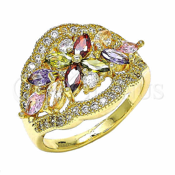 Gold Filled Ring — Multi Stone Ring Flower Design with Multicolor Cubic — main product view — SKU 129309 | Oro Laminado anillo — Multi Stone Ring flor diseño with Multicolor Cubic — SKU 129309
