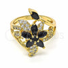 Oro Laminado Multi Stone Ring, Gold Filled Style Flower Design, with Black and White Cubic Zirconia, Polished, Golden Finish, 01.283.0010.07 (Size 7)