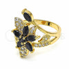 Oro Laminado Multi Stone Ring, Gold Filled Style Flower Design, with Black and White Cubic Zirconia, Polished, Golden Finish, 01.283.0010.07 (Size 7)
