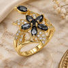Oro Laminado Multi Stone Ring, Gold Filled Style Flower Design, with Black and White Cubic Zirconia, Polished, Golden Finish, 01.283.0010.07 (Size 7)