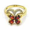 Oro Laminado Multi Stone Ring, Gold Filled Style Butterfly Design, with Garnet and White Cubic Zirconia, Polished, Golden Finish, 01.283.0012.08 (Size 8)