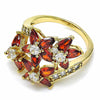 Oro Laminado Multi Stone Ring, Gold Filled Style Flower Design, with Garnet and White Cubic Zirconia, Polished, Golden Finish, 01.283.0015.08 (Size 8)
