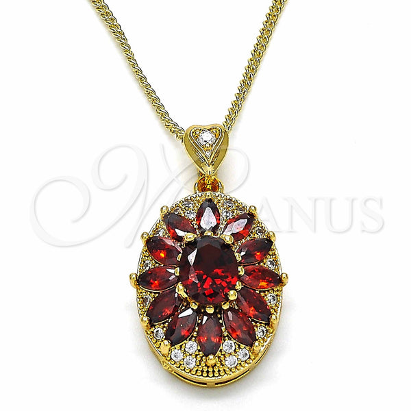 Oro Laminado Pendant Necklace, Gold Filled Style Flower Design, with Garnet and White Cubic Zirconia, Polished, Golden Finish, 04.346.0006.20 (02 MM Thickness, 20 Inches Length)