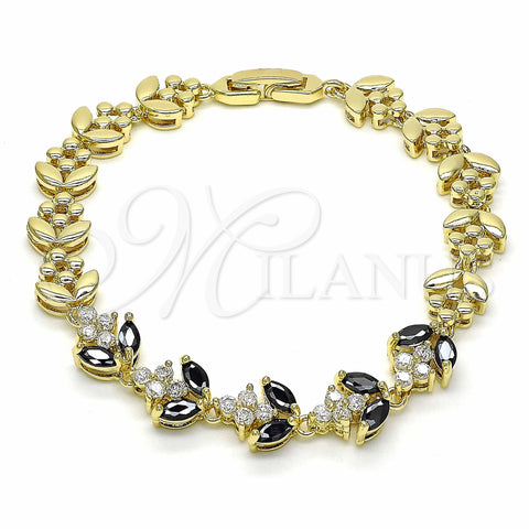 Oro Laminado Fancy Bracelet, Gold Filled Style Leaf Design, with Black and White Cubic Zirconia, Polished, Golden Finish, 03.316.0077.08 (09 MM Thickness, 8 Inches Length)
