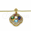 Oro Laminado Pendant Necklace, Gold Filled Style Flower and Teardrop Design, with Multicolor Cubic Zirconia, Polished, Golden Finish, 04.284.0021.20 (02 MM Thickness, 20 Inches Length)