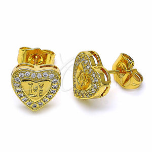 Gold Filled Ring — Stud Earring Heart and Love Design with White — main product view — SKU 129390 | Oro Laminado anillo — Stud Earring corazón and Love diseño with blanco — SKU 129390