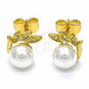 Oro Laminado Stud Earring, Gold Filled Style with Ivory Pearl and White Micro Pave, Polished, Golden Finish, 02.344.0026