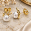 Oro Laminado Stud Earring, Gold Filled Style with Ivory Pearl and White Micro Pave, Polished, Golden Finish, 02.344.0026