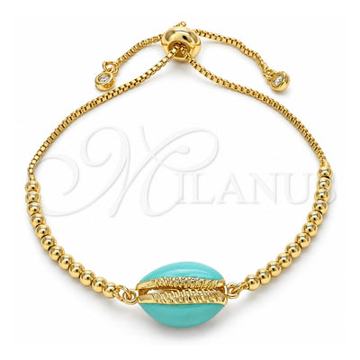 Oro Laminado Adjustable Bolo Bracelet, Gold Filled Style Shell Design, with White Cubic Zirconia, Turquoise Enamel Finish, Golden Finish, 03.63.2089.10 (01 MM Thickness, 10 Inches Length)