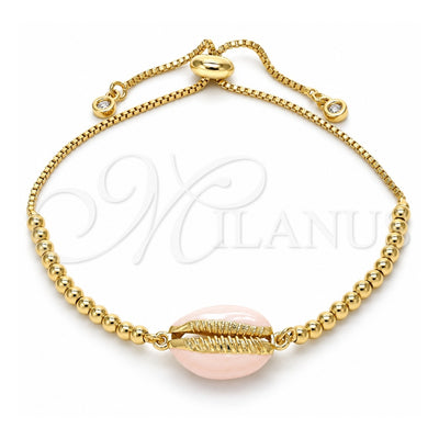 Oro Laminado Adjustable Bolo Bracelet, Gold Filled Style Shell Design, with White Cubic Zirconia, Pink Enamel Finish, Golden Finish, 03.63.2089.1.10 (01 MM Thickness, 10 Inches Length)