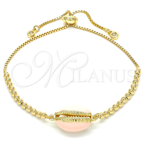 Oro Laminado Adjustable Bolo Bracelet, Gold Filled Style Shell Design, with White Cubic Zirconia, Pink Enamel Finish, Golden Finish, 03.63.2089.1.10 (01 MM Thickness, 10 Inches Length)