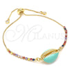 Oro Laminado Adjustable Bolo Bracelet, Gold Filled Style Shell Design, with Multicolor Cubic Zirconia, Turquoise Enamel Finish, Golden Finish, 03.63.2090.10 (01 MM Thickness, 10 Inches Length)