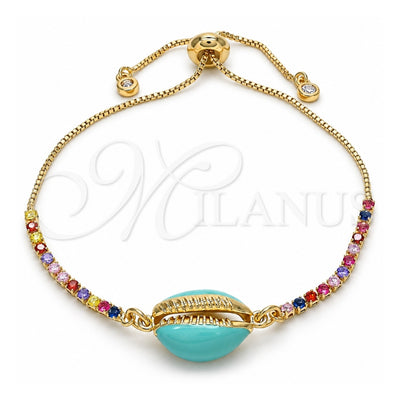 Oro Laminado Adjustable Bolo Bracelet, Gold Filled Style Shell Design, with Multicolor Cubic Zirconia, Turquoise Enamel Finish, Golden Finish, 03.63.2090.10 (01 MM Thickness, 10 Inches Length)