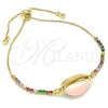 Oro Laminado Adjustable Bolo Bracelet, Gold Filled Style Shell Design, with Multicolor Cubic Zirconia, Pink Enamel Finish, Golden Finish, 03.63.2090.1.10 (01 MM Thickness, 10 Inches Length)
