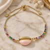 Oro Laminado Adjustable Bolo Bracelet, Gold Filled Style Shell Design, with Multicolor Cubic Zirconia, Pink Enamel Finish, Golden Finish, 03.63.2090.1.10 (01 MM Thickness, 10 Inches Length)