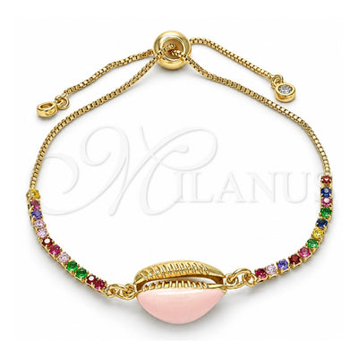Oro Laminado Adjustable Bolo Bracelet, Gold Filled Style Shell Design, with Multicolor Cubic Zirconia, Pink Enamel Finish, Golden Finish, 03.63.2090.1.10 (01 MM Thickness, 10 Inches Length)