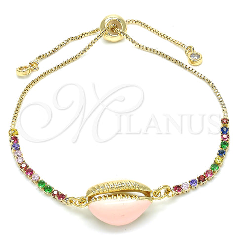 Oro Laminado Adjustable Bolo Bracelet, Gold Filled Style Shell Design, with Multicolor Cubic Zirconia, Pink Enamel Finish, Golden Finish, 03.63.2090.1.10 (01 MM Thickness, 10 Inches Length)