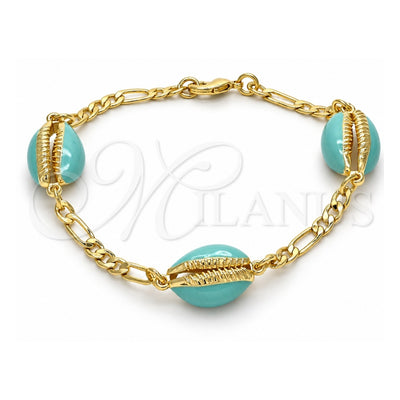Oro Laminado Fancy Bracelet, Gold Filled Style Shell Design, Turquoise Enamel Finish, Golden Finish, 03.63.2091.08 (04 MM Thickness, 8 Inches Length)