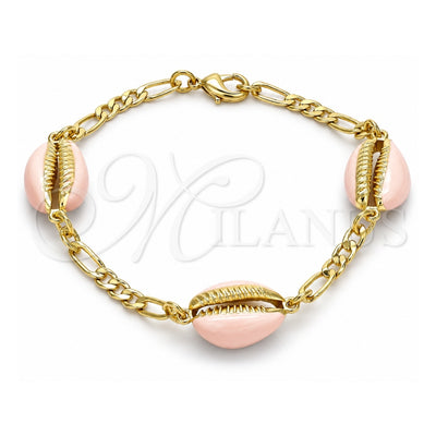 Oro Laminado Fancy Bracelet, Gold Filled Style Shell Design, Pink Enamel Finish, Golden Finish, 03.63.2091.1.08 (04 MM Thickness, 8 Inches Length)