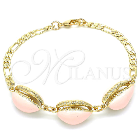 Oro Laminado Fancy Bracelet, Gold Filled Style Shell Design, Pink Enamel Finish, Golden Finish, 03.63.2092.1.08 (04 MM Thickness, 8 Inches Length)