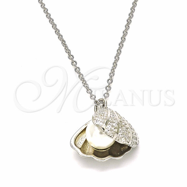 Sterling Silver Pendant Necklace, Shell Design, with White Micro Pave and Ivory Pearl, Polished, Rhodium Finish, 04.336.0129.16
