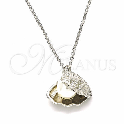 Sterling Silver Pendant Necklace, Shell Design, with White Micro Pave and Ivory Pearl, Polished, Rhodium Finish, 04.336.0129.16