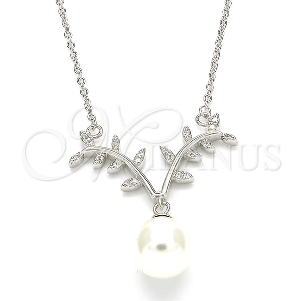 Sterling Silver Pendant Necklace, with White Cubic Zirconia and Ivory Pearl, Polished, Rhodium Finish, 04.336.0136.16 (01 MM Thickness, 16 Inches Length)