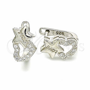 Sterling Silver Hoop Earrings — Huggie Hoop Star and Heart Design with White — main product view — SKU 129507 | Plata 925 aretes de aro — Huggie Hoop estrella and corazón diseño with blanco — SKU 129507
