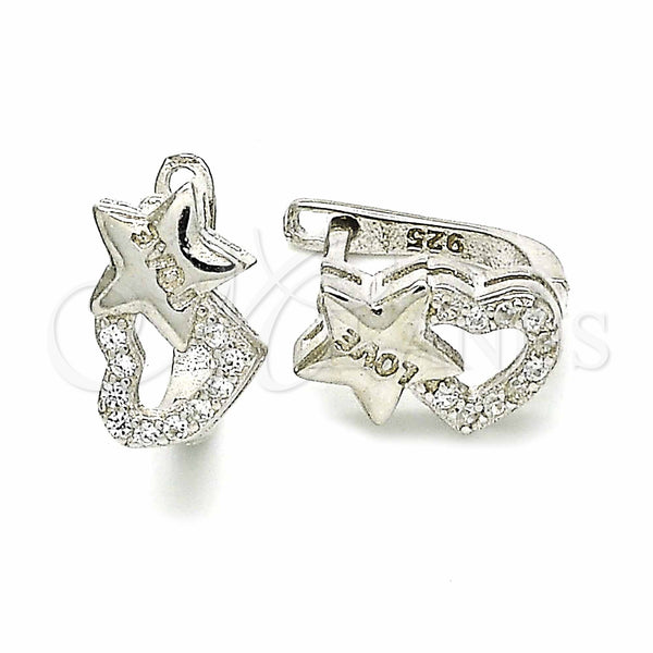 Sterling Silver Hoop Earrings — Huggie Hoop Star and Heart Design with White — main product view — SKU 129507 | Plata 925 aretes de aro — Huggie Hoop estrella and corazón diseño with blanco — SKU 129507