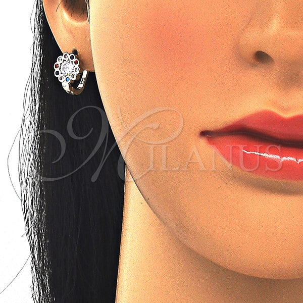 Sterling Silver Hoop Earrings — Huggie Hoop Flower Design with Multicolor Cubic Zirconia — alternate product view — SKU 129512 | Plata 925 aretes de aro — Huggie Hoop flor diseño with Multicolor Cubic Zirconia — SKU 129512