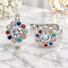 Sterling Silver Huggie Hoop, Flower Design, with Multicolor Cubic Zirconia, Polished, Rhodium Finish, 02.186.0186.12