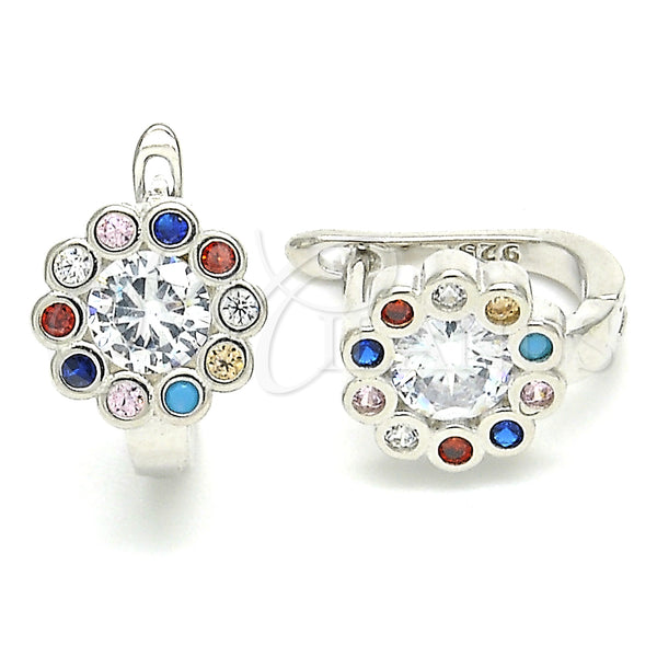 Sterling Silver Hoop Earrings — Huggie Hoop Flower Design with Multicolor Cubic Zirconia — main product view — SKU 129512 | Plata 925 aretes de aro — Huggie Hoop flor diseño with Multicolor Cubic Zirconia — SKU 129512