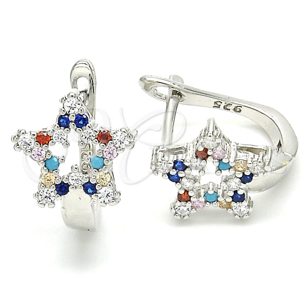 Sterling Silver Hoop Earrings — Huggie Hoop Star Design with Multicolor Cubic Zirconia — main product view — SKU 129513 | Plata 925 aretes de aro — Huggie Hoop estrella diseño with Multicolor Cubic Zirconia — SKU 129513