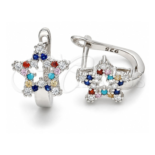 Sterling Silver Huggie Hoop, Star Design, with Multicolor Cubic Zirconia, Polished, Rhodium Finish, 02.186.0187.12