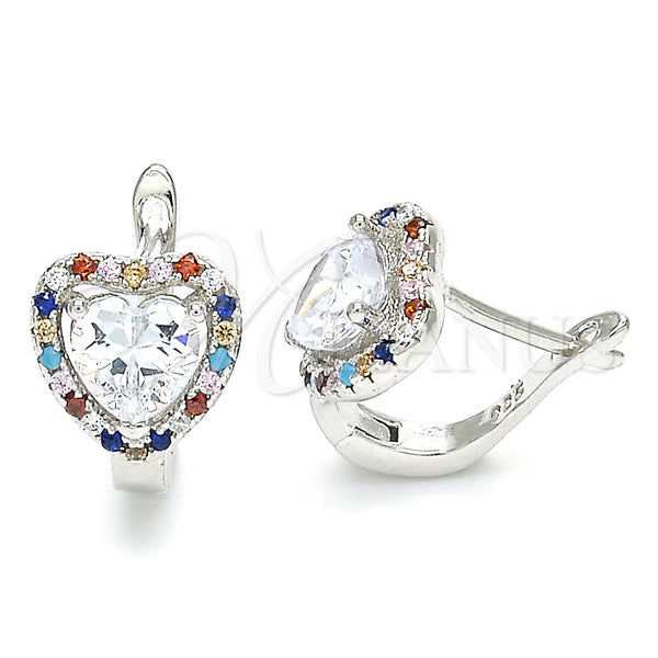 Sterling Silver Hoop Earrings — Huggie Hoop Heart Design with White Cubic Zirconia — main product view — SKU 129516 | Plata 925 aretes de aro — Huggie Hoop corazón diseño with blanco Cubic Zirconia — SKU 129516