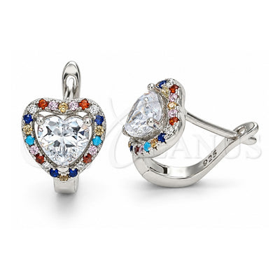 Sterling Silver Huggie Hoop, Heart Design, with White Cubic Zirconia and Multicolor Crystal, Polished, Rhodium Finish, 02.186.0190.12