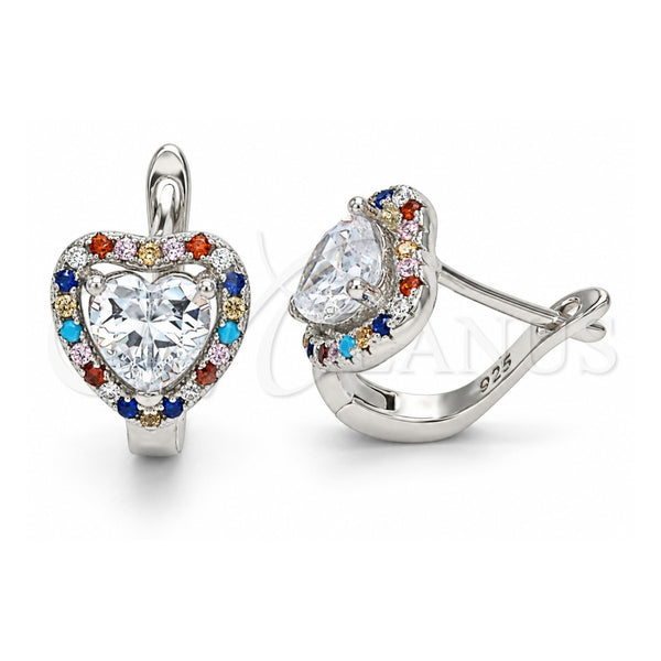 Sterling Silver Huggie Hoop, Heart Design, with White Cubic Zirconia and Multicolor Crystal, Polished, Rhodium Finish, 02.186.0190.12