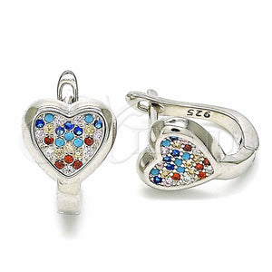 Sterling Silver Hoop Earrings — Huggie Hoop Heart Design with Multicolor Micro Pave — main product view — SKU 129519 | Plata 925 aretes de aro — Huggie Hoop corazón diseño with Multicolor Micro Pave — SKU 129519