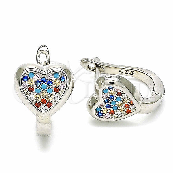 Sterling Silver Hoop Earrings — Huggie Hoop Heart Design with Multicolor Micro Pave — main product view — SKU 129519 | Plata 925 aretes de aro — Huggie Hoop corazón diseño with Multicolor Micro Pave — SKU 129519