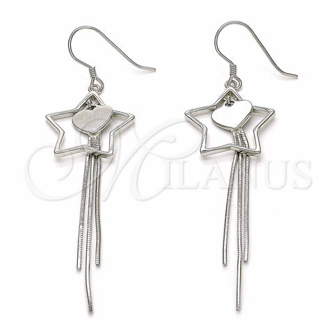 Sterling Silver Long Earring, Star and Heart Design, Polished, Rhodium Finish, 02.285.0104