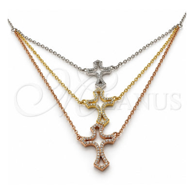 Sterling Silver Pendant Necklace, Cross Design, with White Cubic Zirconia, Polished, Tricolor, 04.290.0002.16 (02 MM Thickness, 16 Inches Length)