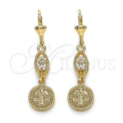 Oro Laminado Long Earring, Gold Filled Style San Benito Design, with White Cubic Zirconia, Polished, Golden Finish, 02.351.0030