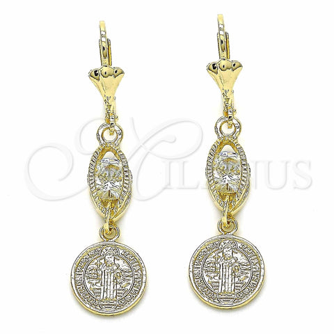 Oro Laminado Long Earring, Gold Filled Style San Benito Design, with White Cubic Zirconia, Polished, Golden Finish, 02.351.0030