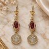 Oro Laminado Long Earring, Gold Filled Style San Benito Design, with Garnet Cubic Zirconia, Polished, Golden Finish, 02.351.0030.1