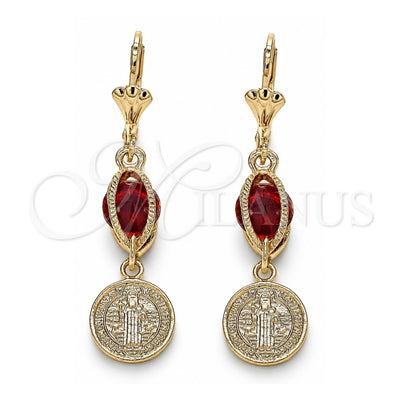 Oro Laminado Long Earring, Gold Filled Style San Benito Design, with Garnet Cubic Zirconia, Polished, Golden Finish, 02.351.0030.1