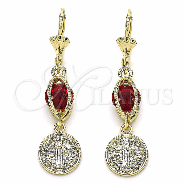 Oro Laminado Long Earring, Gold Filled Style San Benito Design, with Garnet Cubic Zirconia, Polished, Golden Finish, 02.351.0030.1
