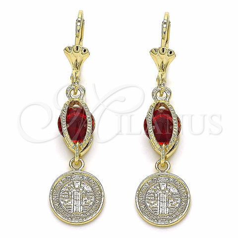 Oro Laminado Long Earring, Gold Filled Style San Benito Design, with Garnet Cubic Zirconia, Polished, Golden Finish, 02.351.0030.1