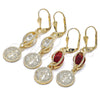 Oro Laminado Long Earring, Gold Filled Style San Benito Design, with Garnet Cubic Zirconia, Polished, Golden Finish, 02.351.0030.1